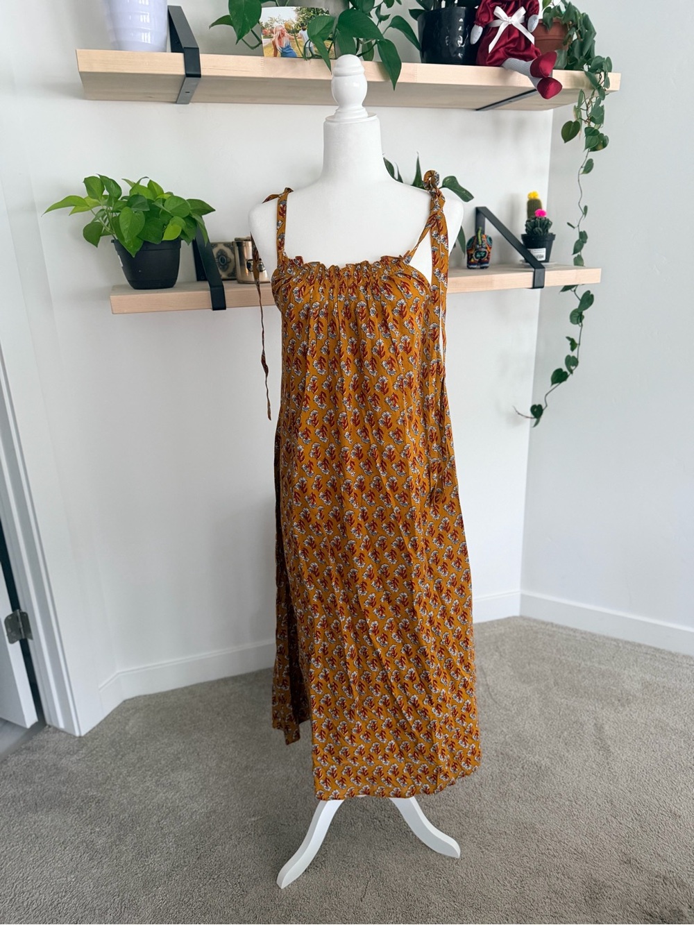 Ex Voto Vintage Mustard Floral Tie-Shoulder Dress
